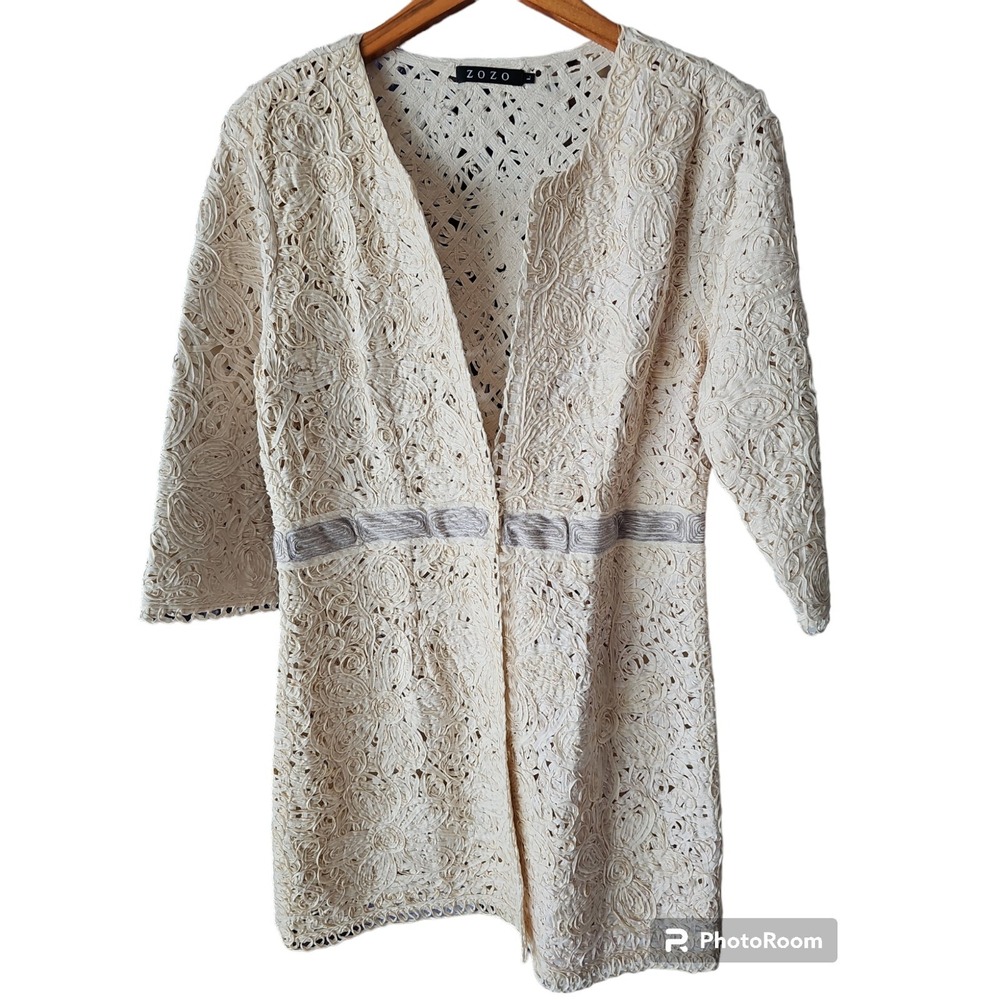 ZoZo Sweater Women's Beige Embroidery‎ Long V Neck Cardigan Size L VC01